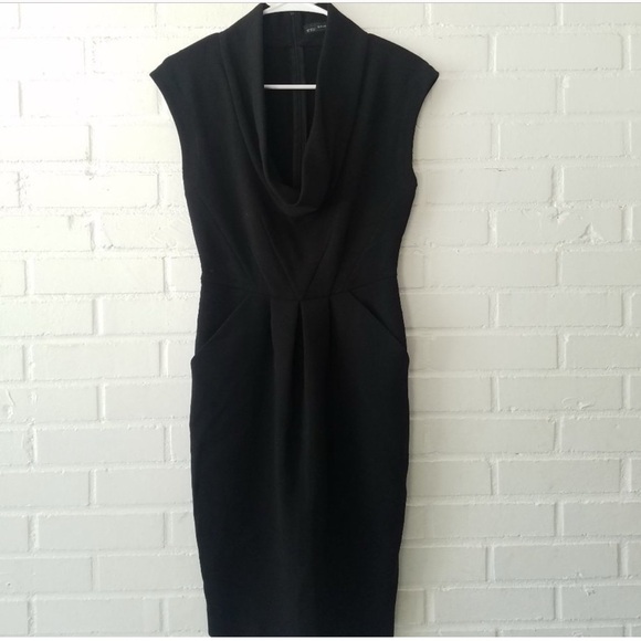 ZARA Cowl Neck Black Work Shift Dress Pleated - Picture 1 of 4